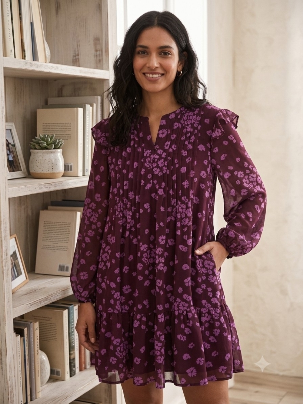 Time and Tru Purple Floral Smock Dress Long-Sleeve Size M.            WD 35